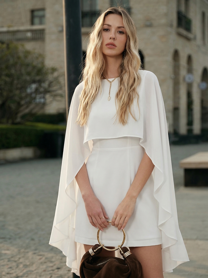 white dress with cape overlay Cape overlay cami mini dress two piece set - White