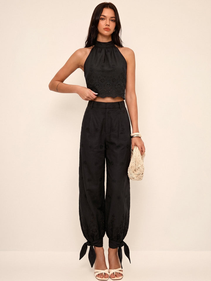 Eyelet Embroidery Top & Tie-Cuff Pants Set | COMMENSE