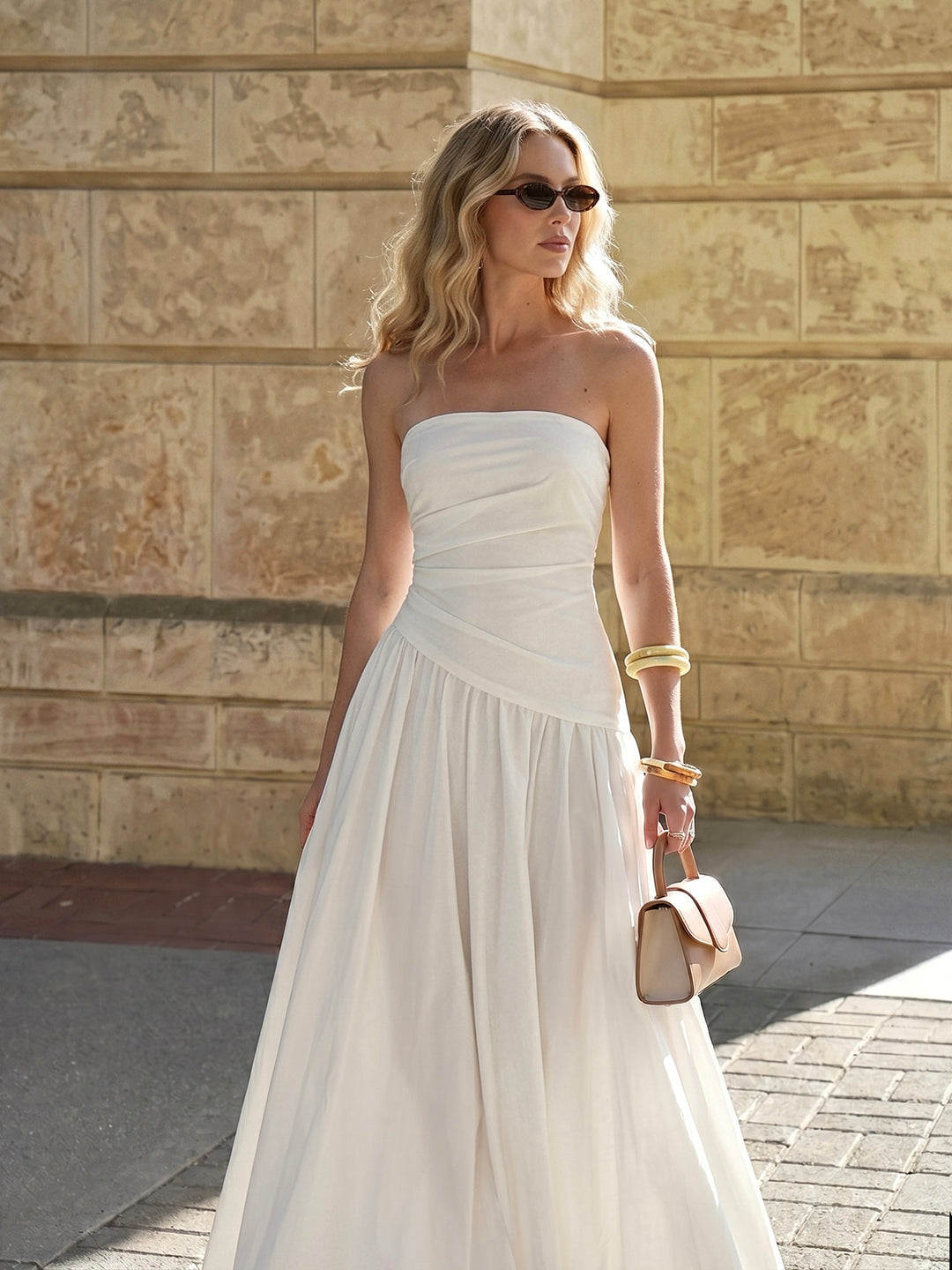 Strapless ruched flowy maxi dress - White - M