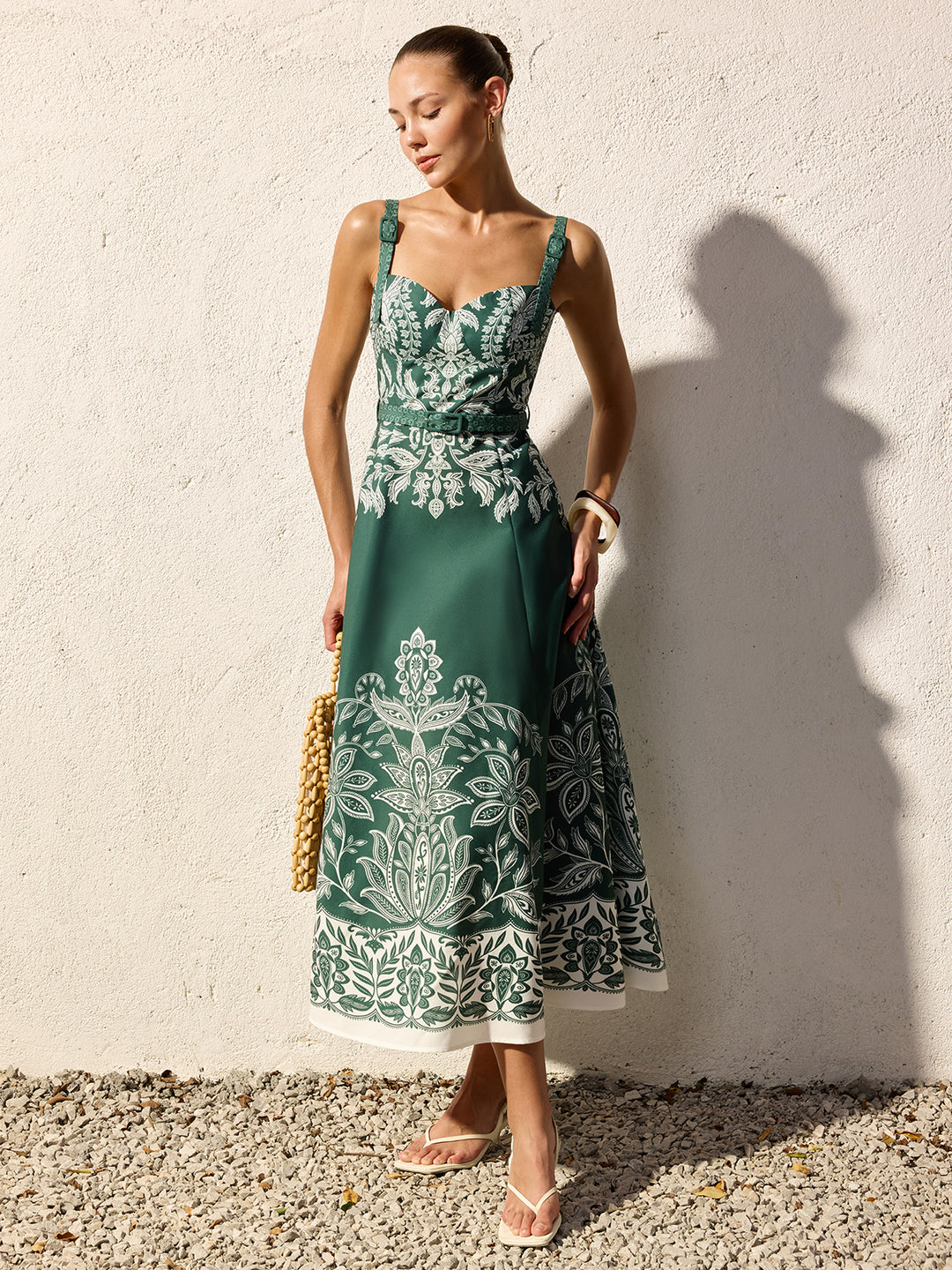 cami floral bohemian vacation midi dress Baroque print belted maxi - ArmyGreen - M Real Leather Men's Boots WHS_DRESSES Lightweight rayon shell Style:Style-A
