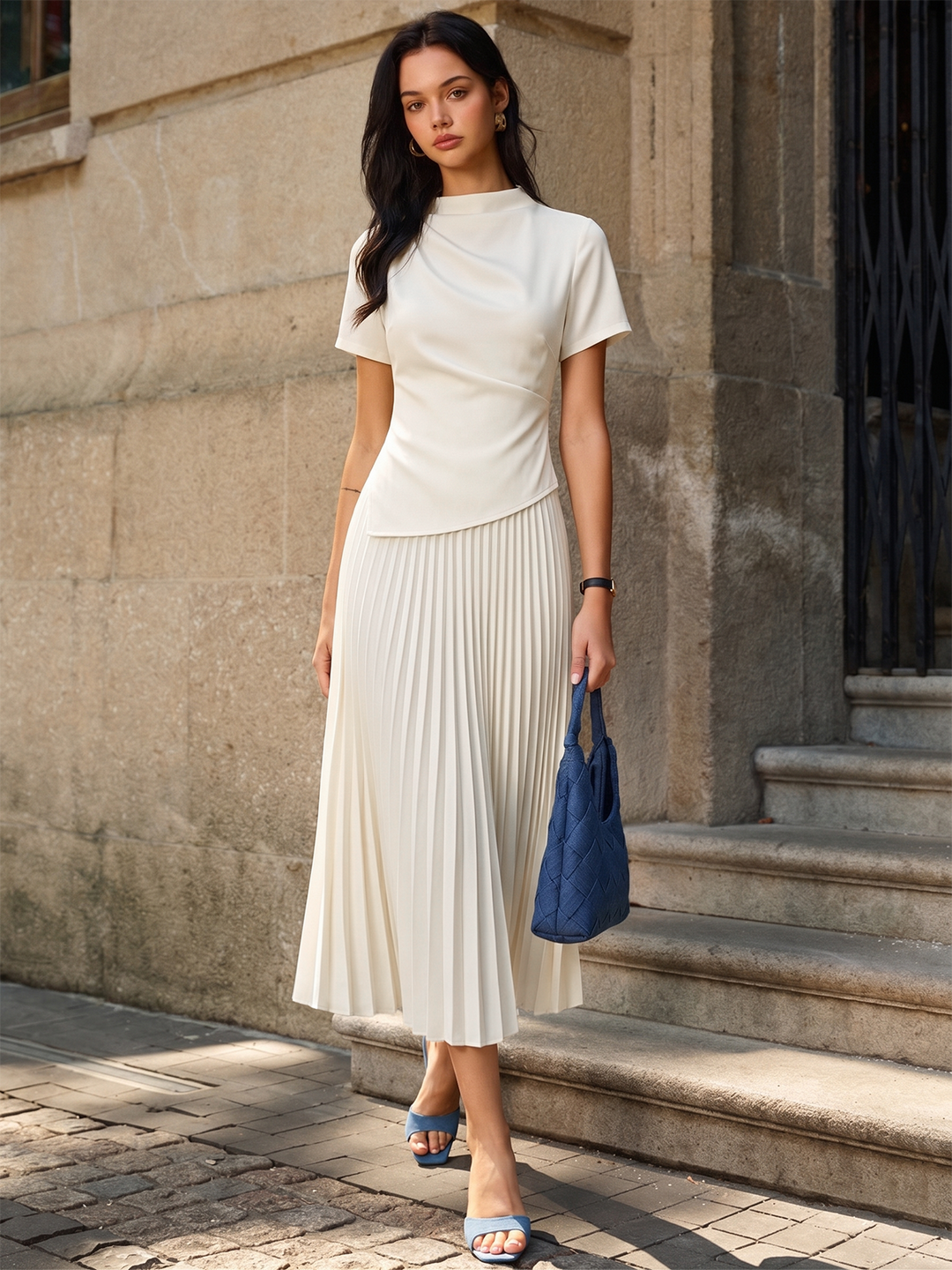 2 in 1 short sleeve pleated maxi dress - White - XS