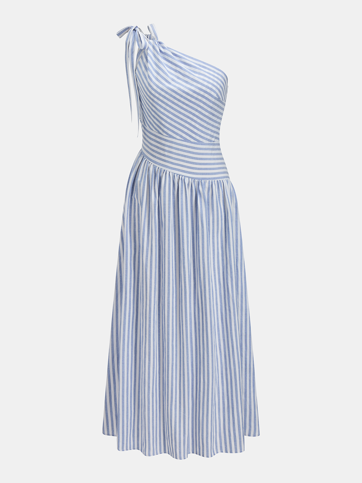 One Shoulder Striped Cotton Blend Maxi Dress | COMMENSE One Shoulder Striped Cotton Blend Maxi Dress | COMMENSE