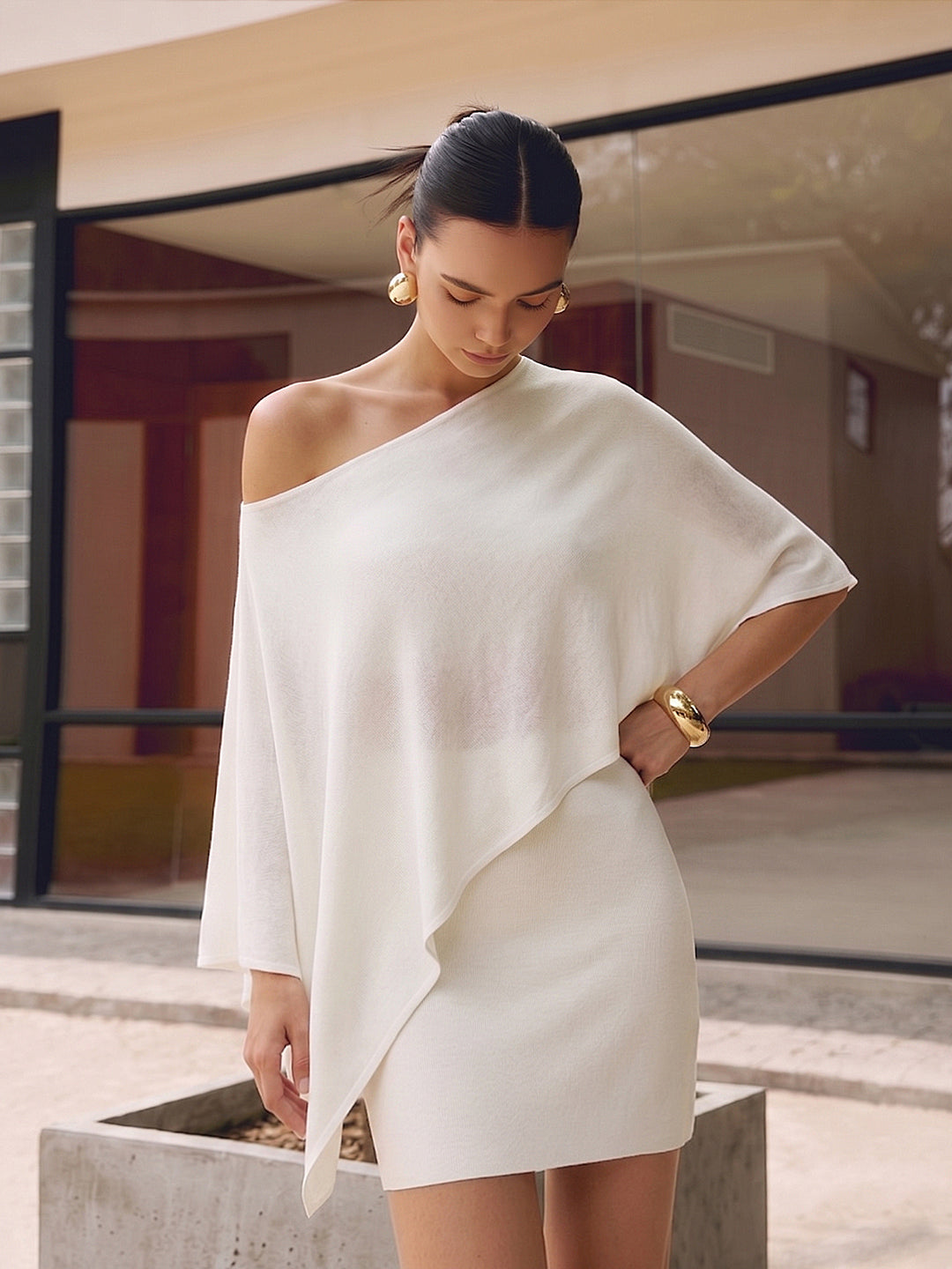 Asymmetric Knit Cape Top & Mini Skirt Set | COMMENSE