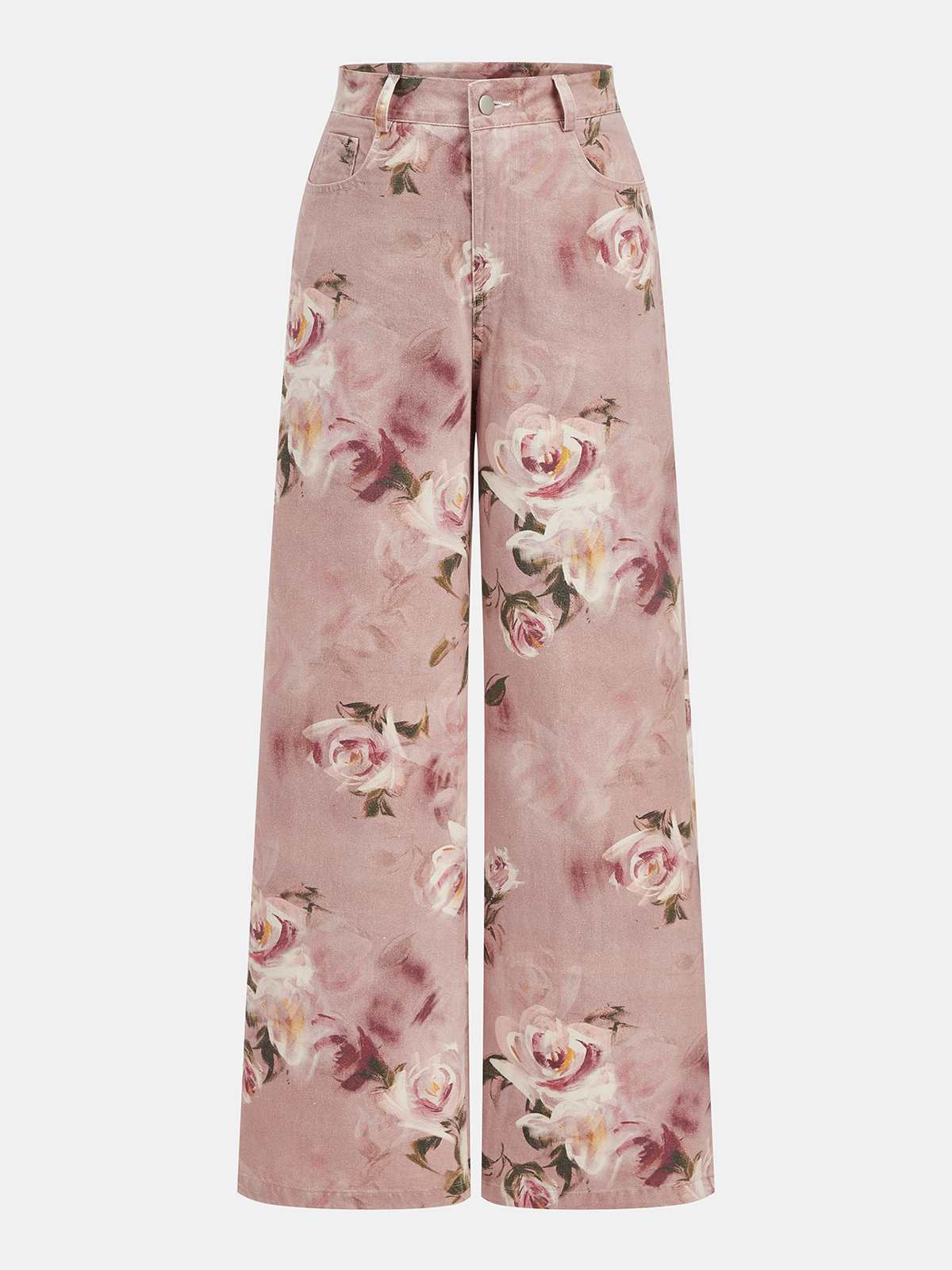 Mid-Waist Rose Print Wide Leg Denim Pants | COMMENSE
