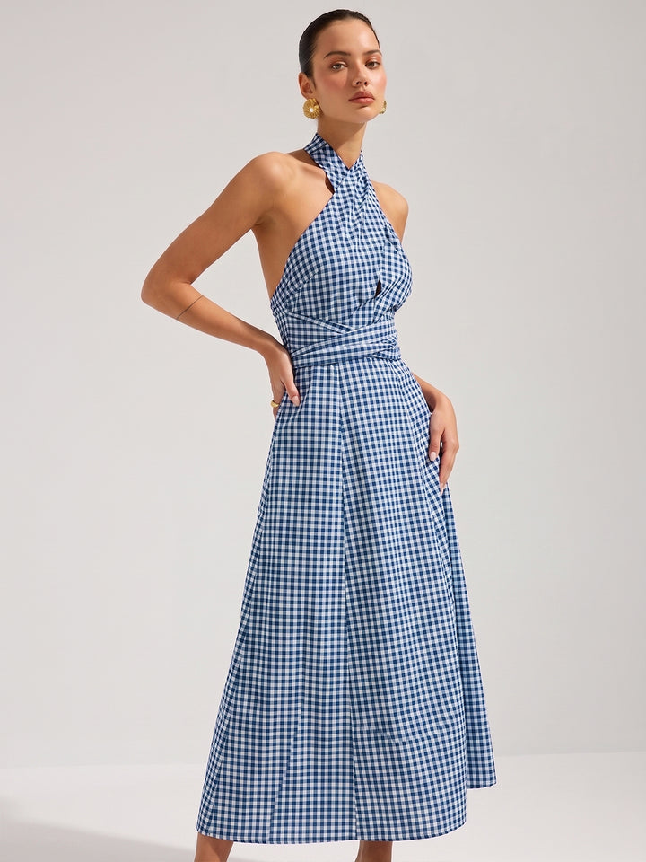 Gingham halter cotton maxi dress - Blue