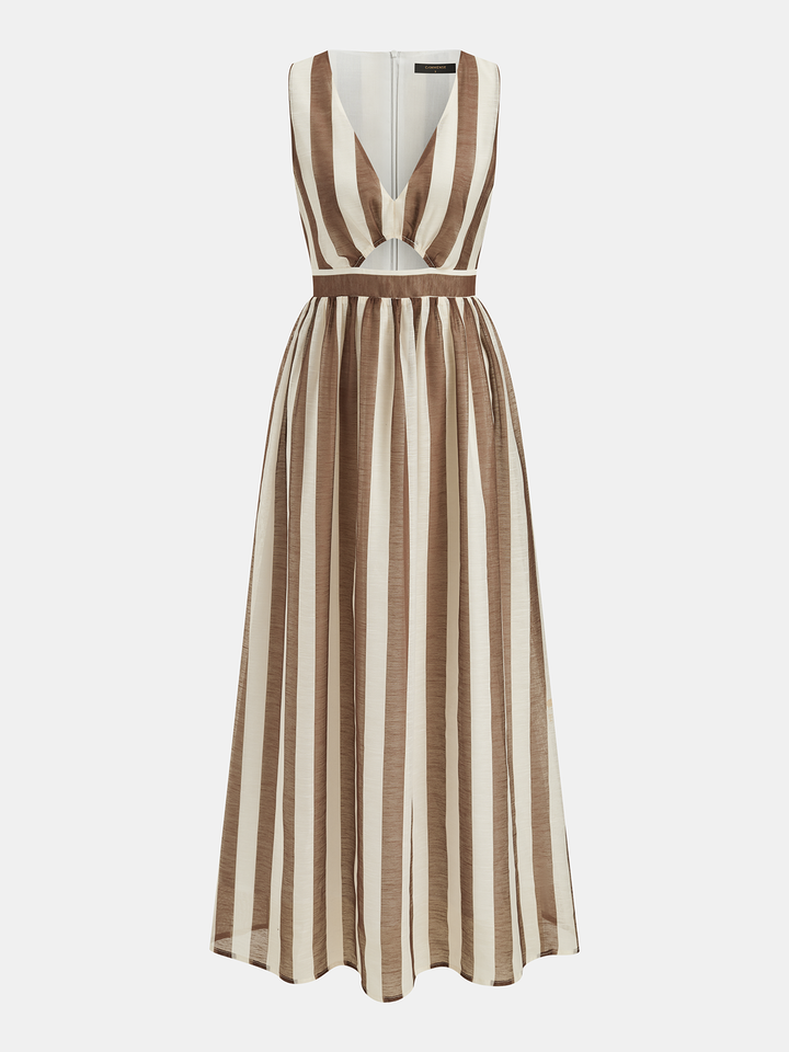 Sleeveless V-Neck Striped Cut-Out Maxi Dress