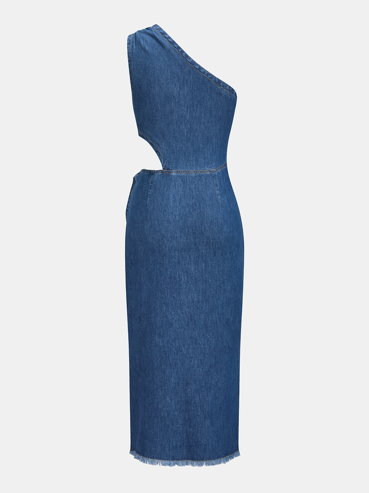 One-shoulder cutout denim midi dress - Blue