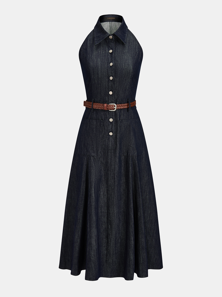 Sleeveless Buttoned Belted Denim Maxi Dress