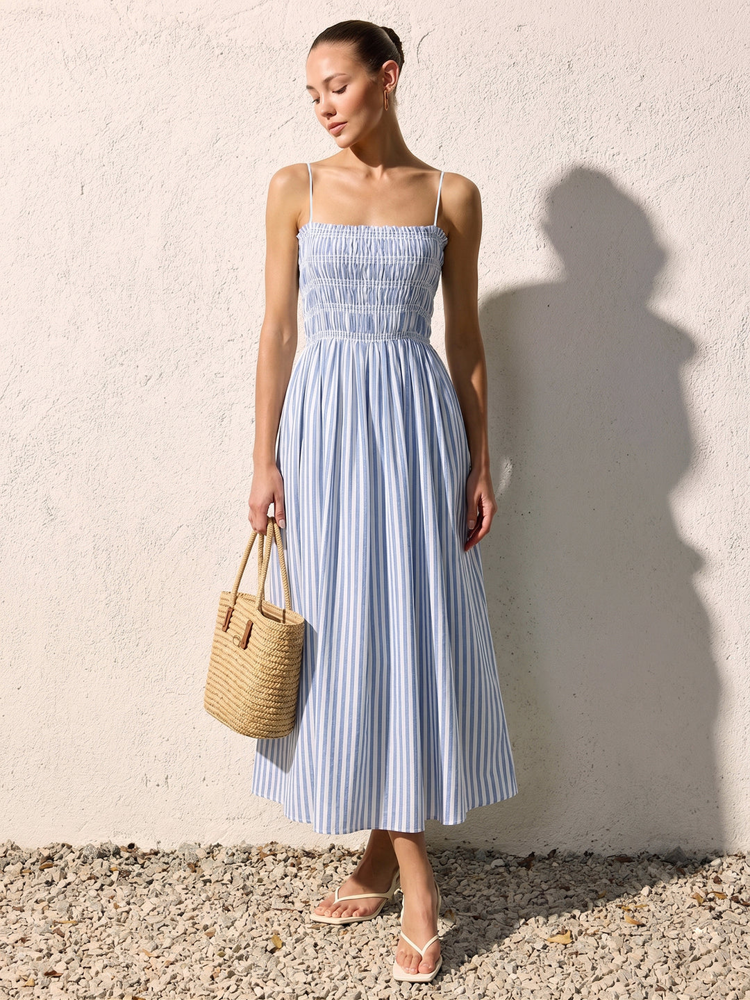 Smocked striped cami maxi dress - Blue