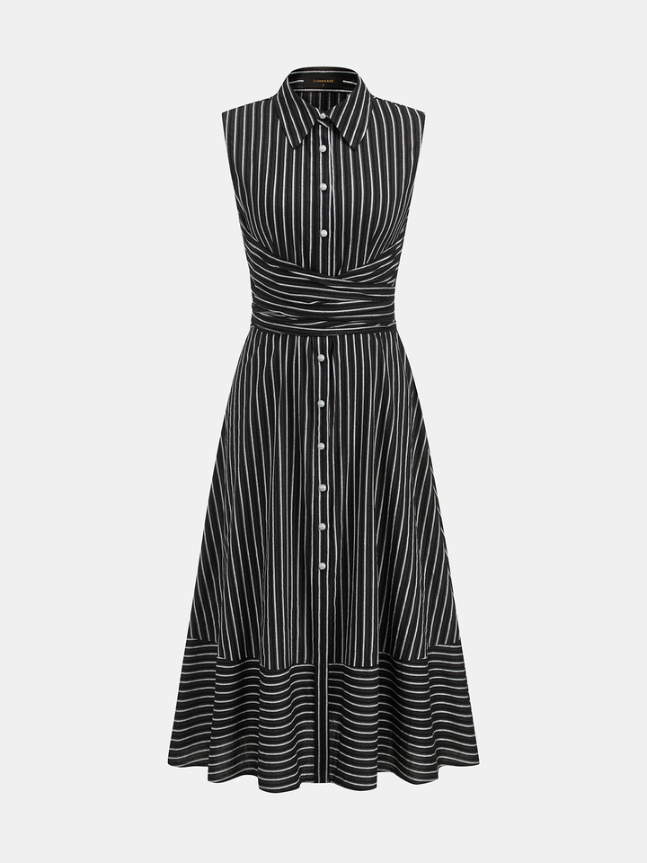 striped shirt dress sleeveless Striped collared sleeveless tie waist midi dress - Red - XS