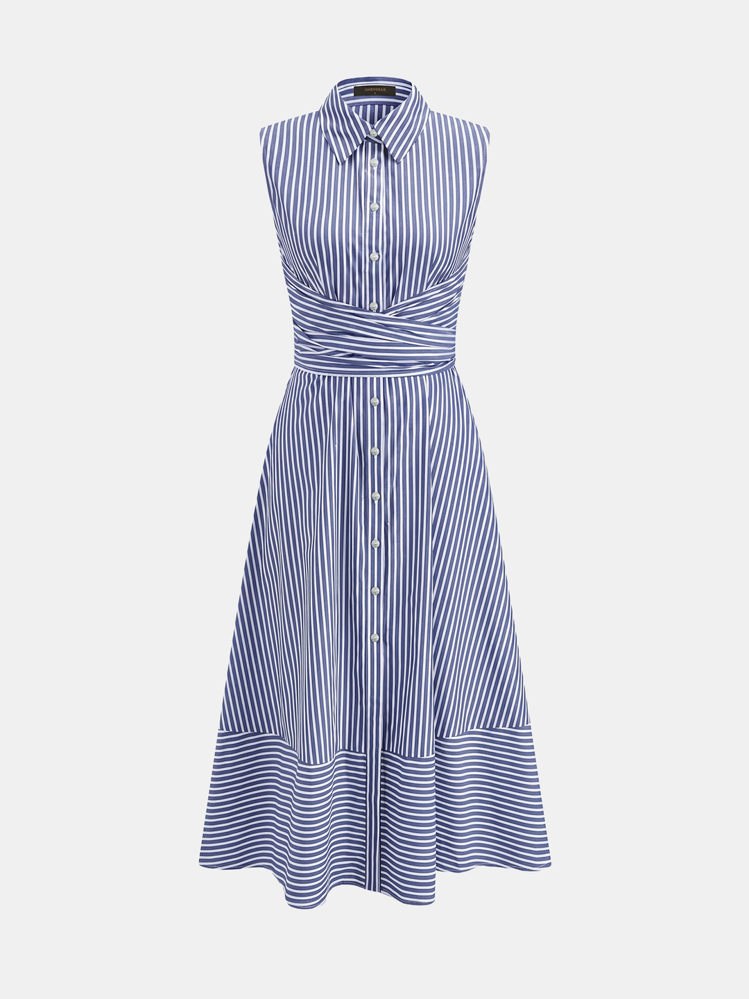 Striped collared sleeveless tie waist midi dress - Navy