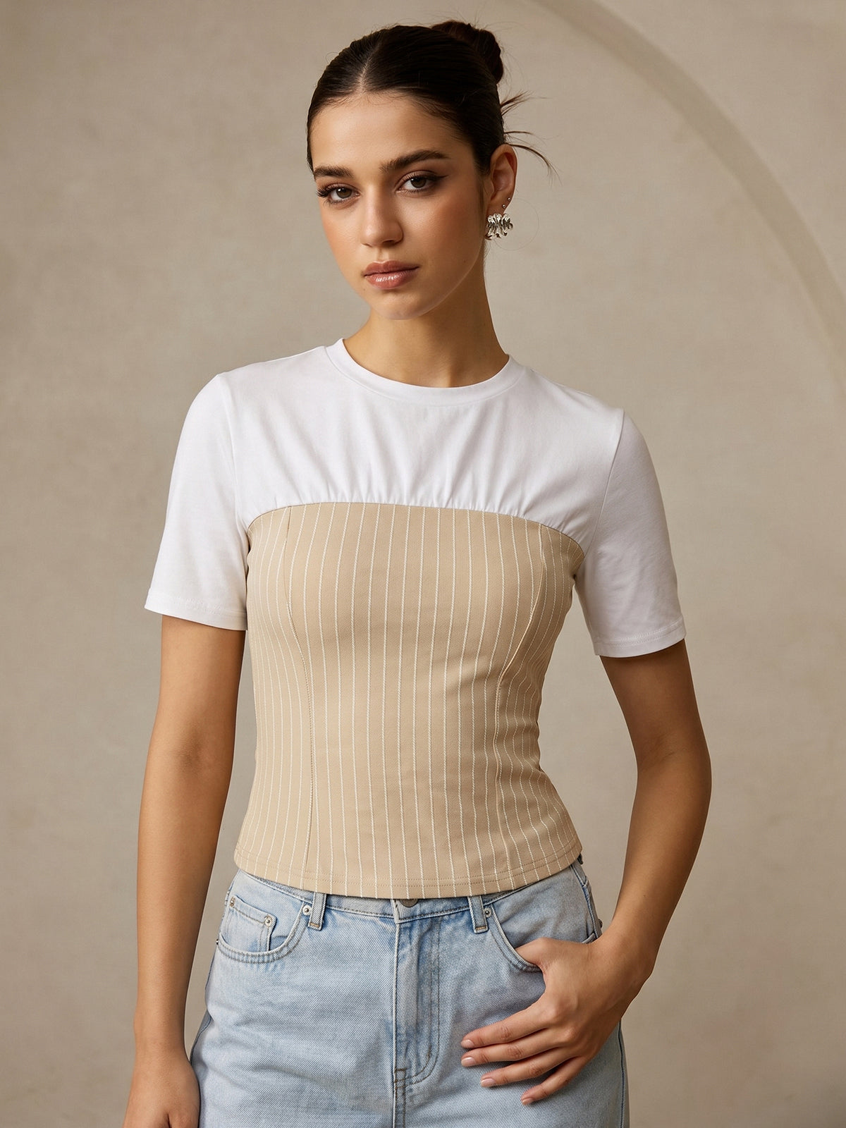 Color Block Striped Short Sleeve Top | COMMENSE