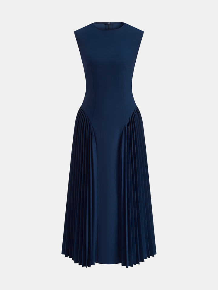 Sleeveless fitted pleated maxi dress - Navy - S