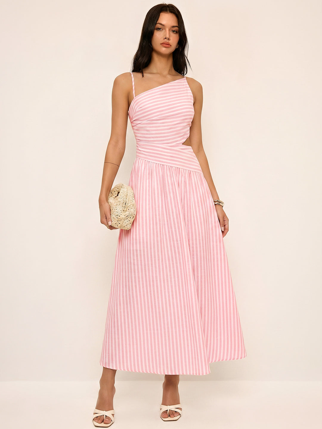 Striped cut-out asymmetric cami maxi dress - Red