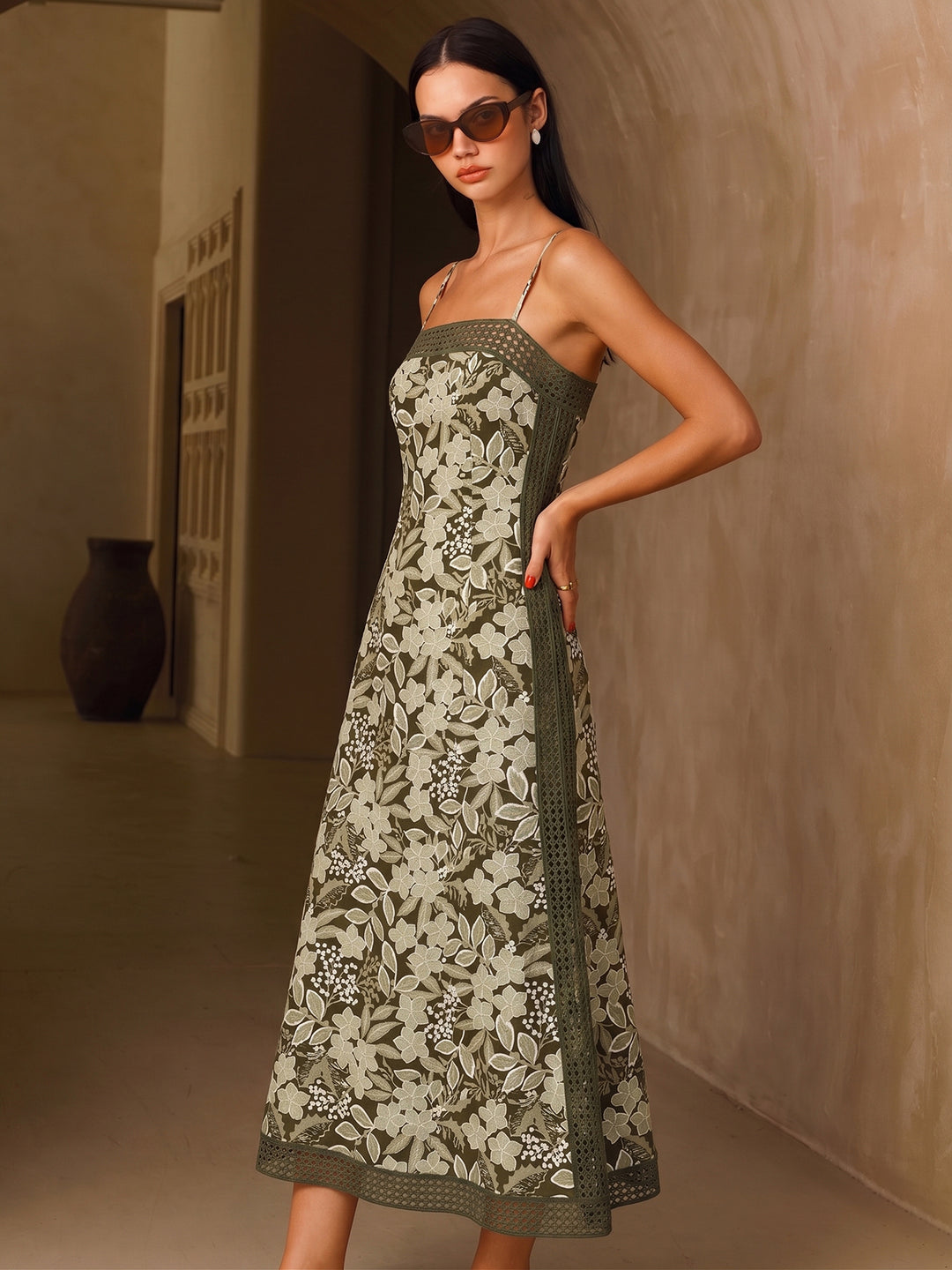 Crochet trim floral print slip dress - Green - M
