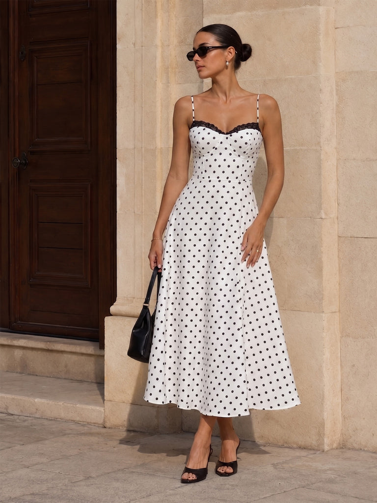 Polka dot lace trim cami maxi dress - LightBlue