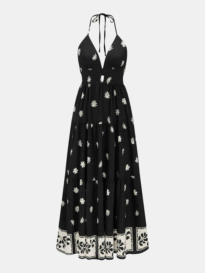 Border print halter v-neck tiered maxi dress - Black - M - Commense Border print halter v-neck tiered maxi dress - Black - M - Commense