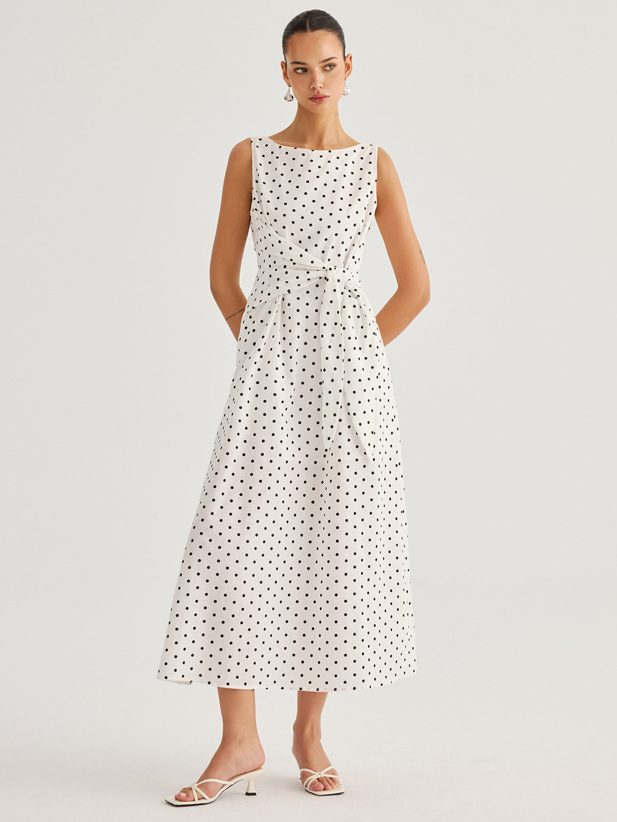 Polka dot tie waist cotton linen maxi dress - White