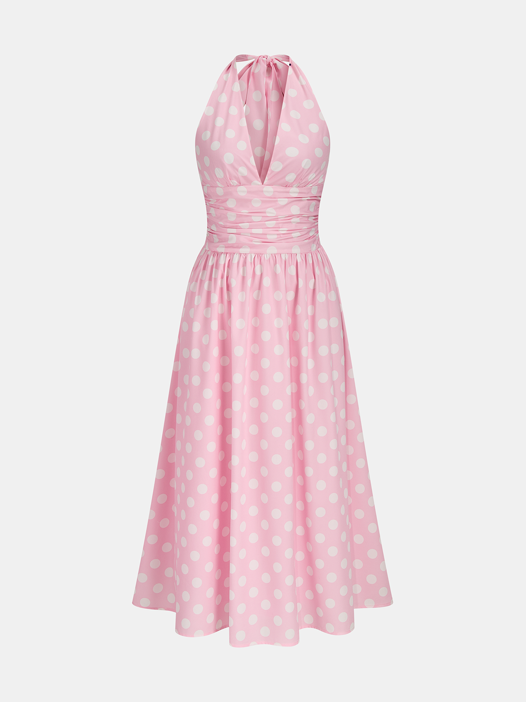 Polka dot halter ruched midi dress - Pink - S