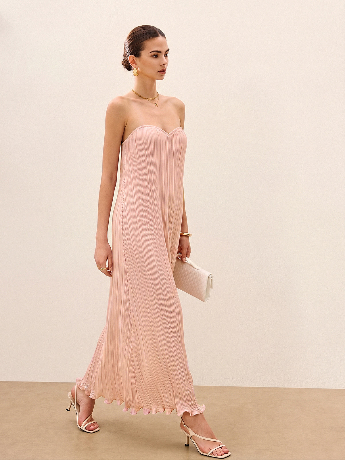 commense solid pleated strapless split dress Strapless Pleated Maxi Dress