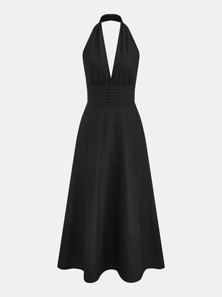 Deep V-Neck Halter Cotton Linen Maxi Dress | COMMENSE