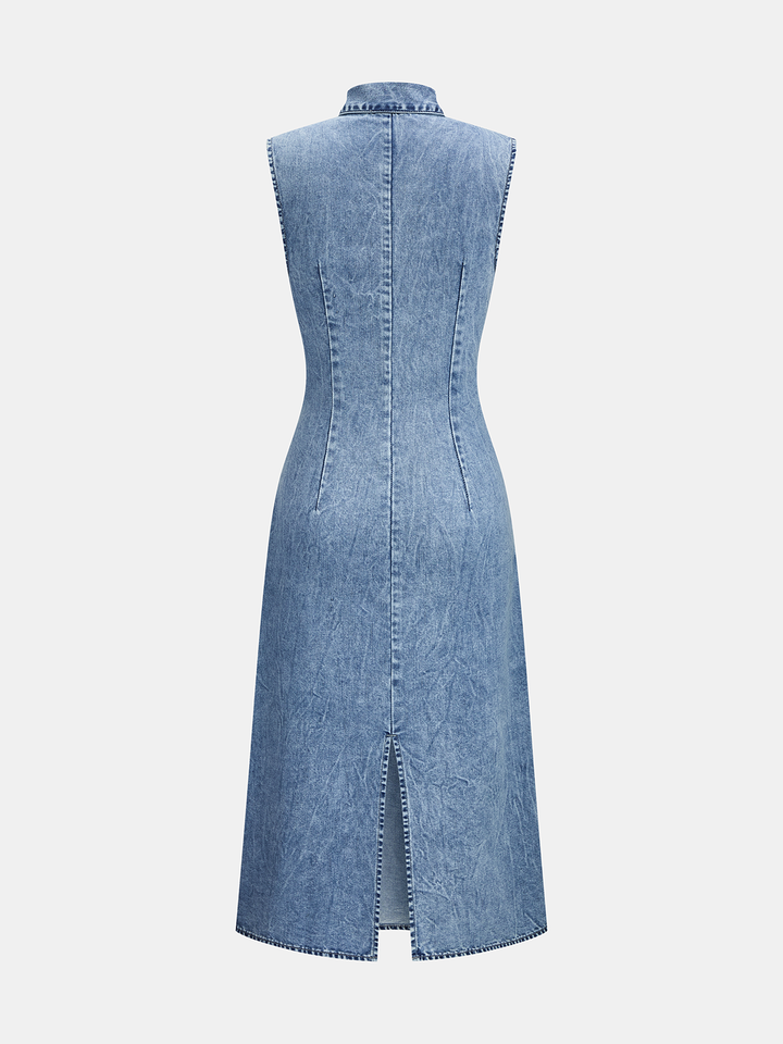Denim Tie-Neck Midi Dress