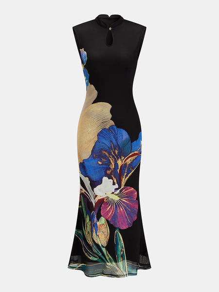 Iris floral print mesh sleeveless maxi dress - Black - XS