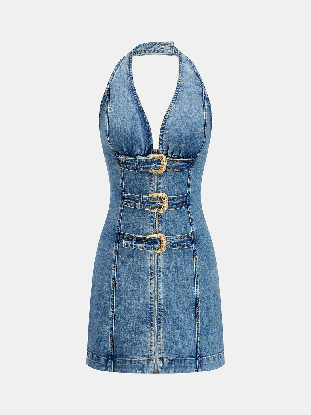 Triple Buckle Detail Front Zip Denim Mini Dress