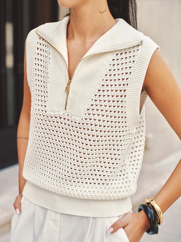 Open-Knit Half-Zip Sleeveless Sweater Vest | COMMENSE