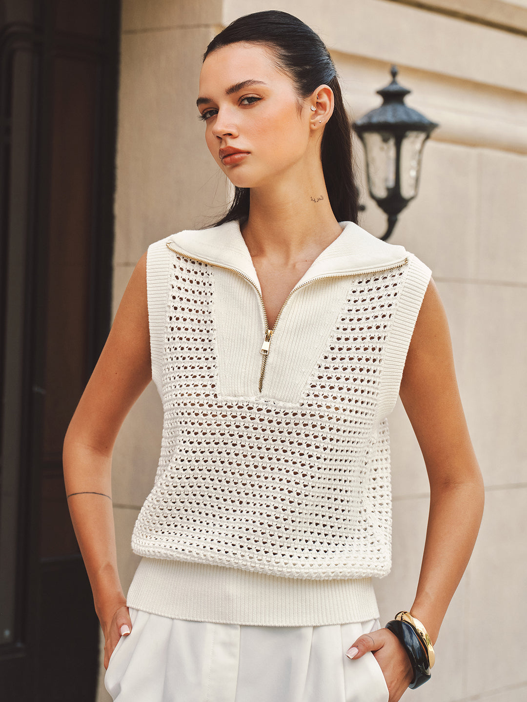 Open-Knit Half-Zip Sleeveless Sweater Vest | COMMENSE