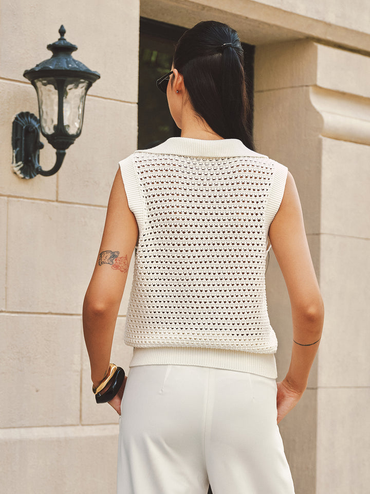 Open-Knit Half-Zip Sleeveless Sweater Vest | COMMENSE