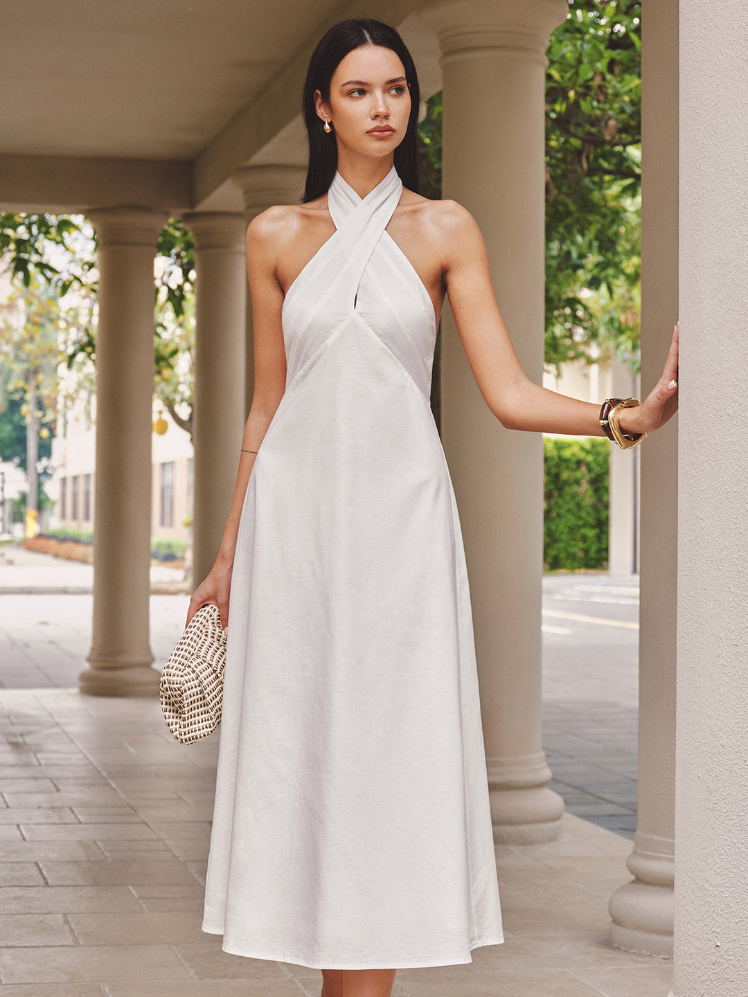 commense halter dress Cotton linen cross maxi - Off-White - L Invisible Zipper Skirt type Golden Globes 2019: Kristin Color:Ash Rose Work_Thread Embroidered