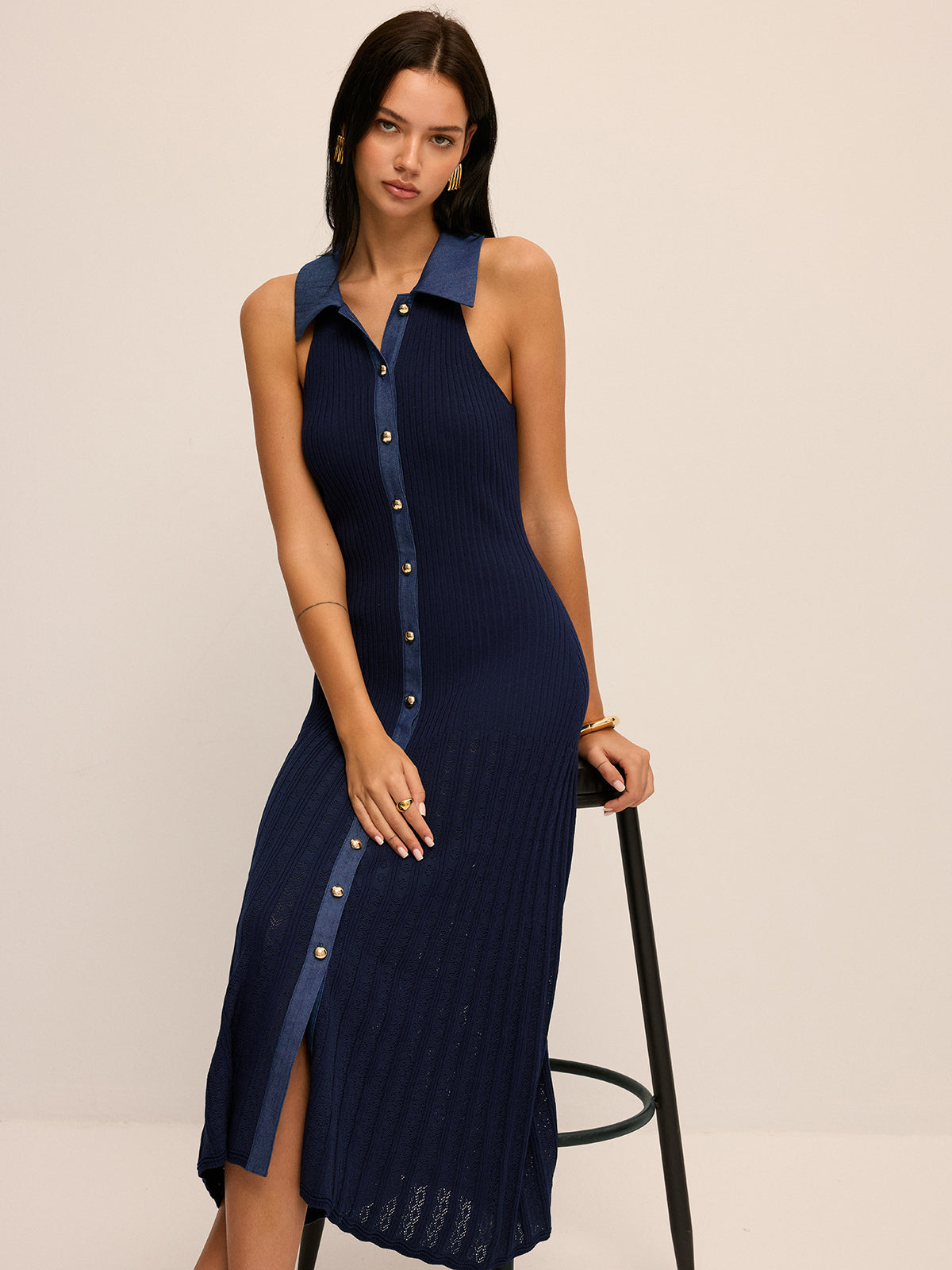 Ribbed Knit Button-Front Midi Dress | COMMENSE Ribbed Knit Button-Front Midi Dress | COMMENSE