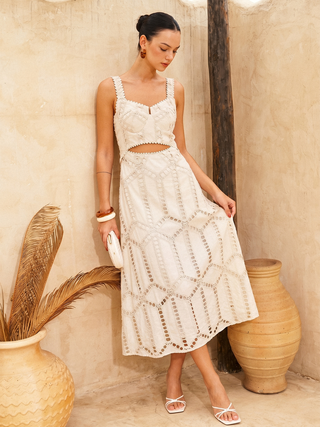 Eyelet Embroidery Cutout Waist Midi Dress | COMMENSE