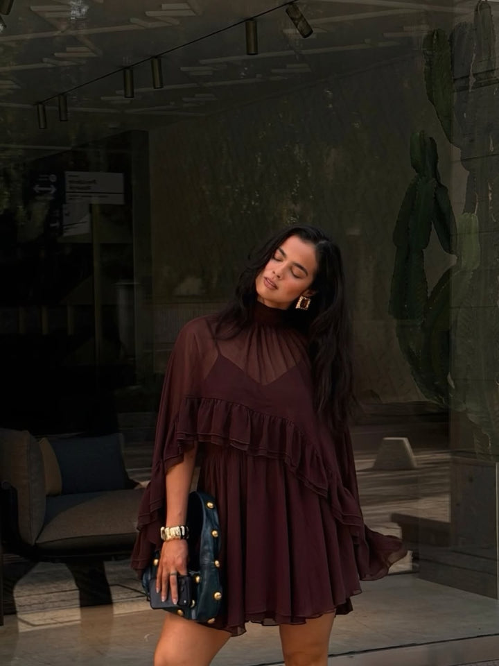 semi sheer chiffon ruffle dress with outer cape Semi-Sheer Chiffon Ruffle Dress With Outer Cape