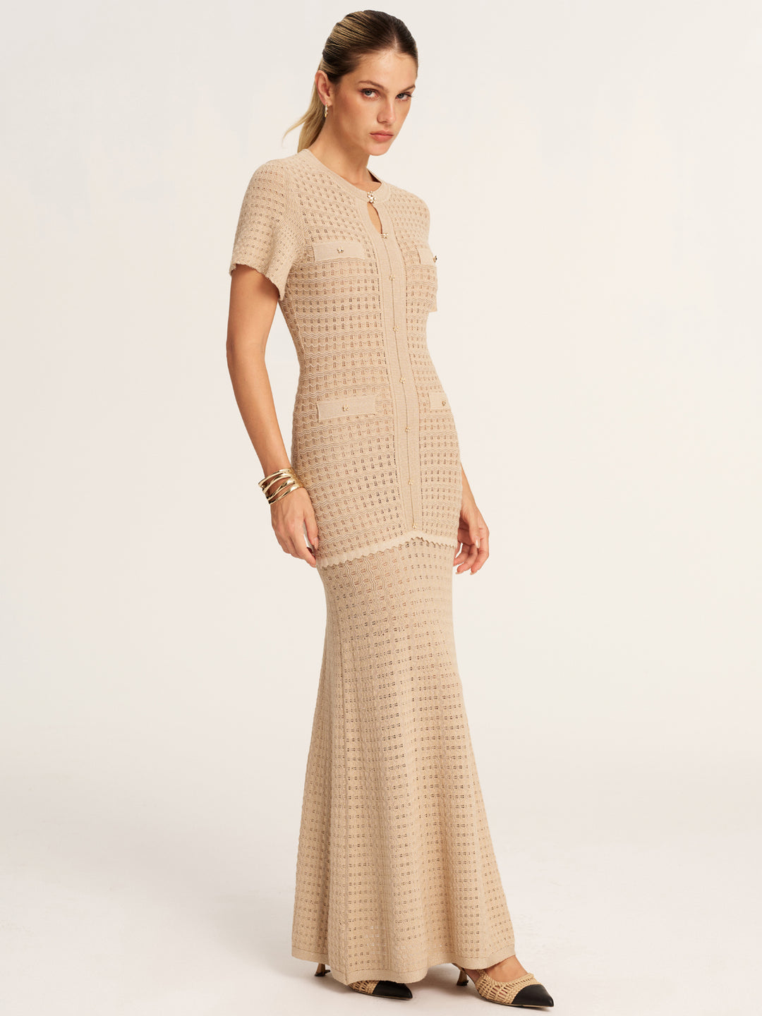 Short sleeve crochet knit mermaid maxi dress - Khaki