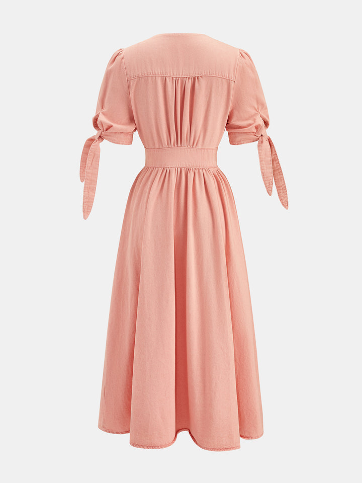 Tie Sleeve Denim Button-Front Midi Dress
