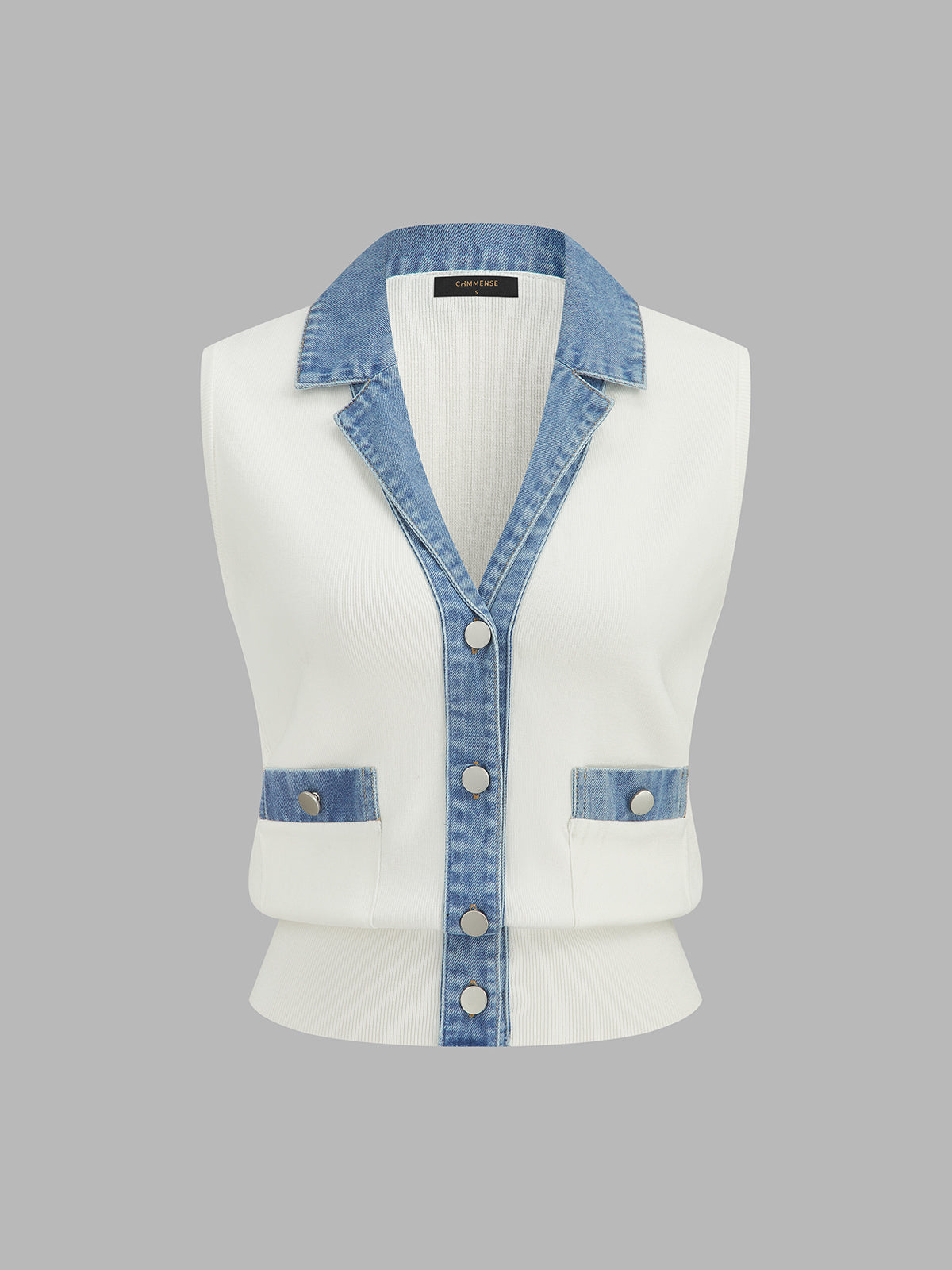 Denim Lapel Patchwork Rib Knit Sleeveless Vest | COMMENSE
