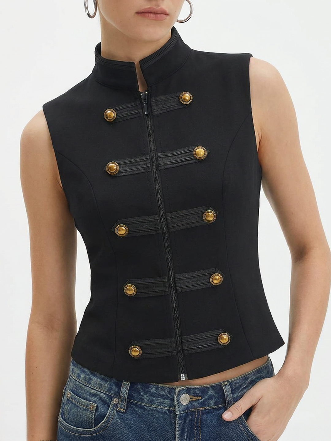 Napoleon Metal Detail Mandarin Collar Zipper Vest | COMMENSE