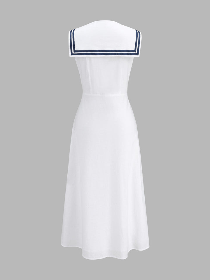 Sleeveless sailor collar cotton linen midi dress - Off-White - M