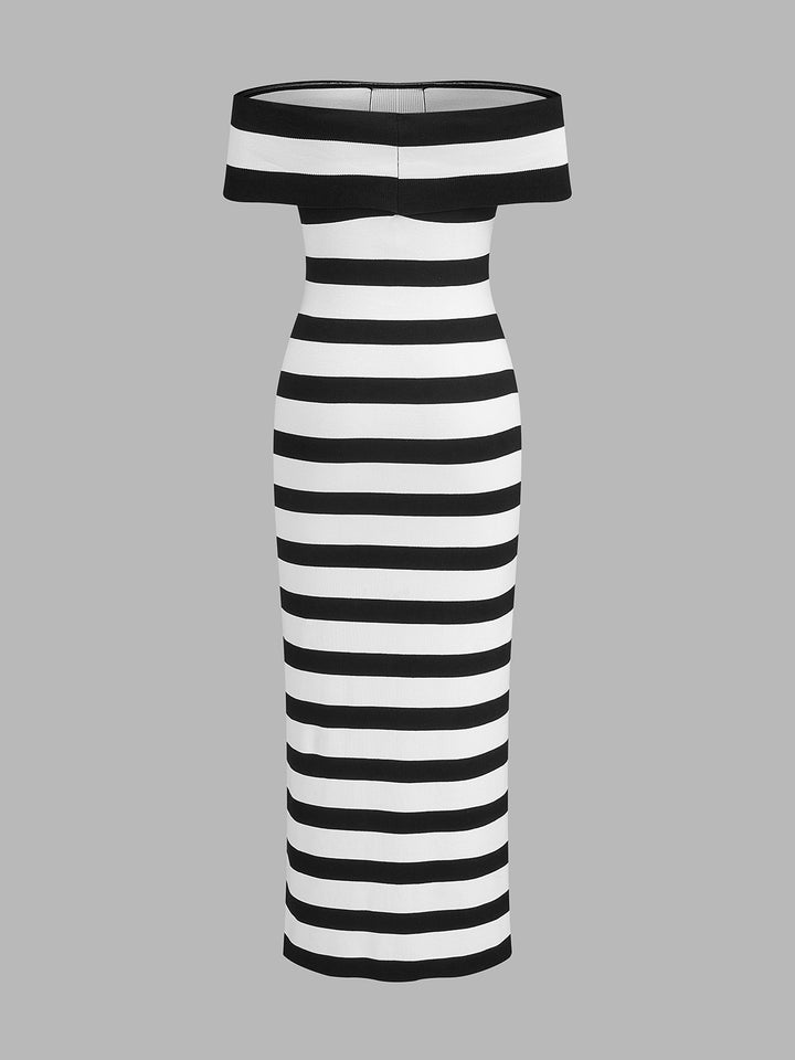 Striped off shoulder knit midi dress - BlackandWhite Striped off shoulder knit midi dress - BlackandWhite