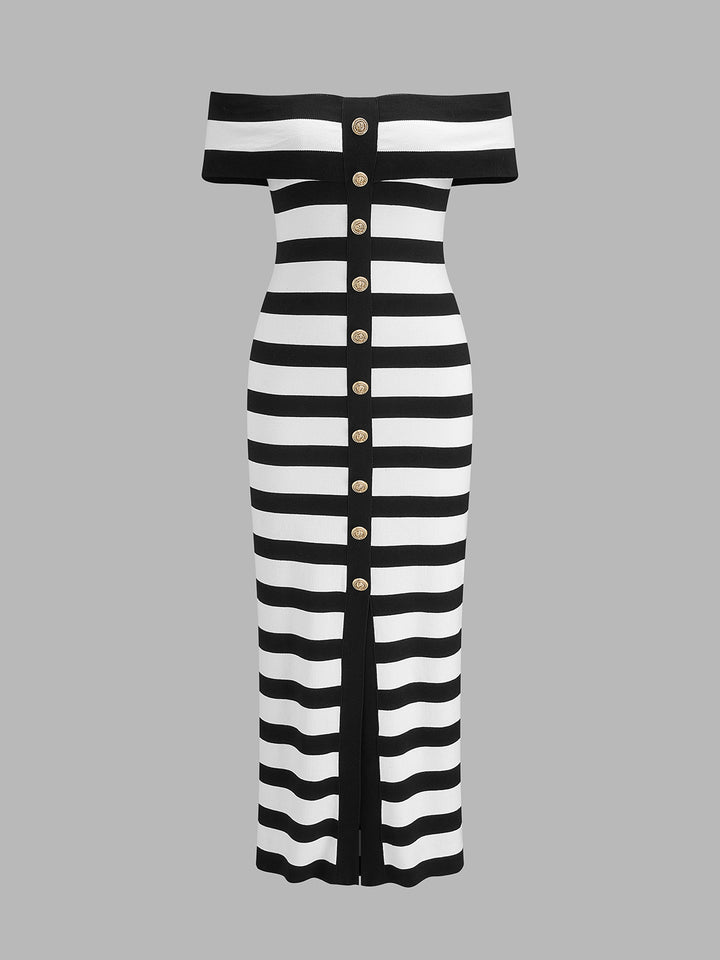 Striped off shoulder knit midi dress - BlackandWhite - XL Striped off shoulder knit midi dress - BlackandWhite - XL