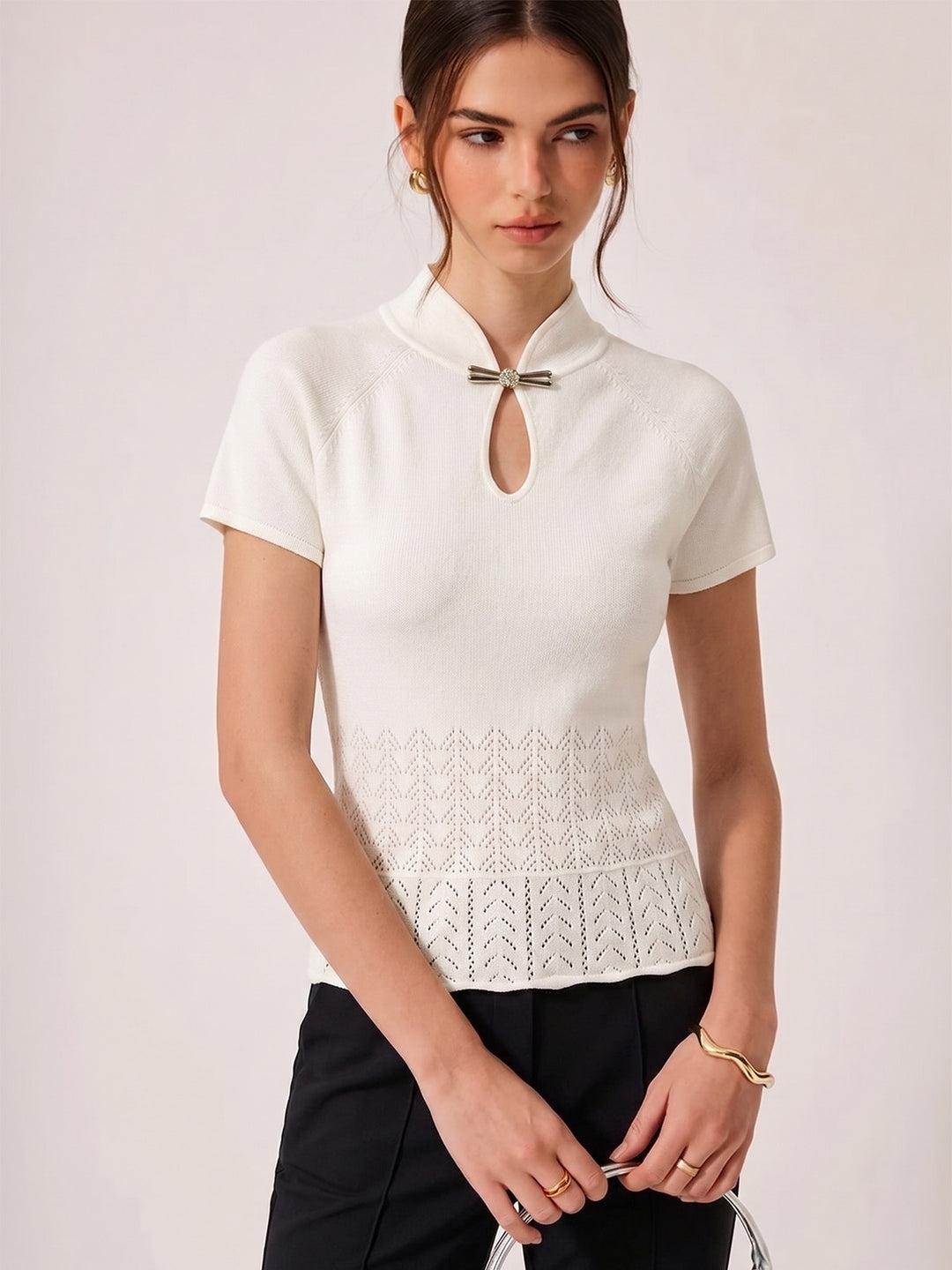 Openwork Hem Mandarin Collar Keyhole Knit Top | COMMENSE