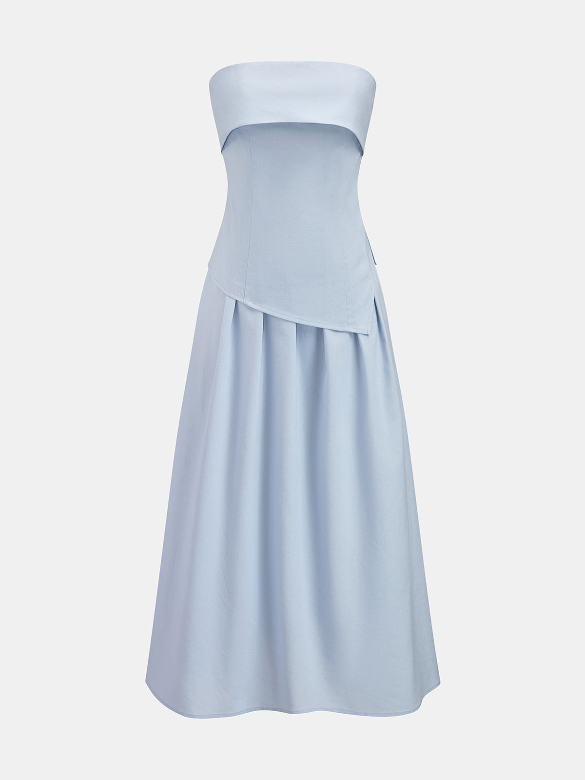 Fold Over Strapless Pleated Midi Dress