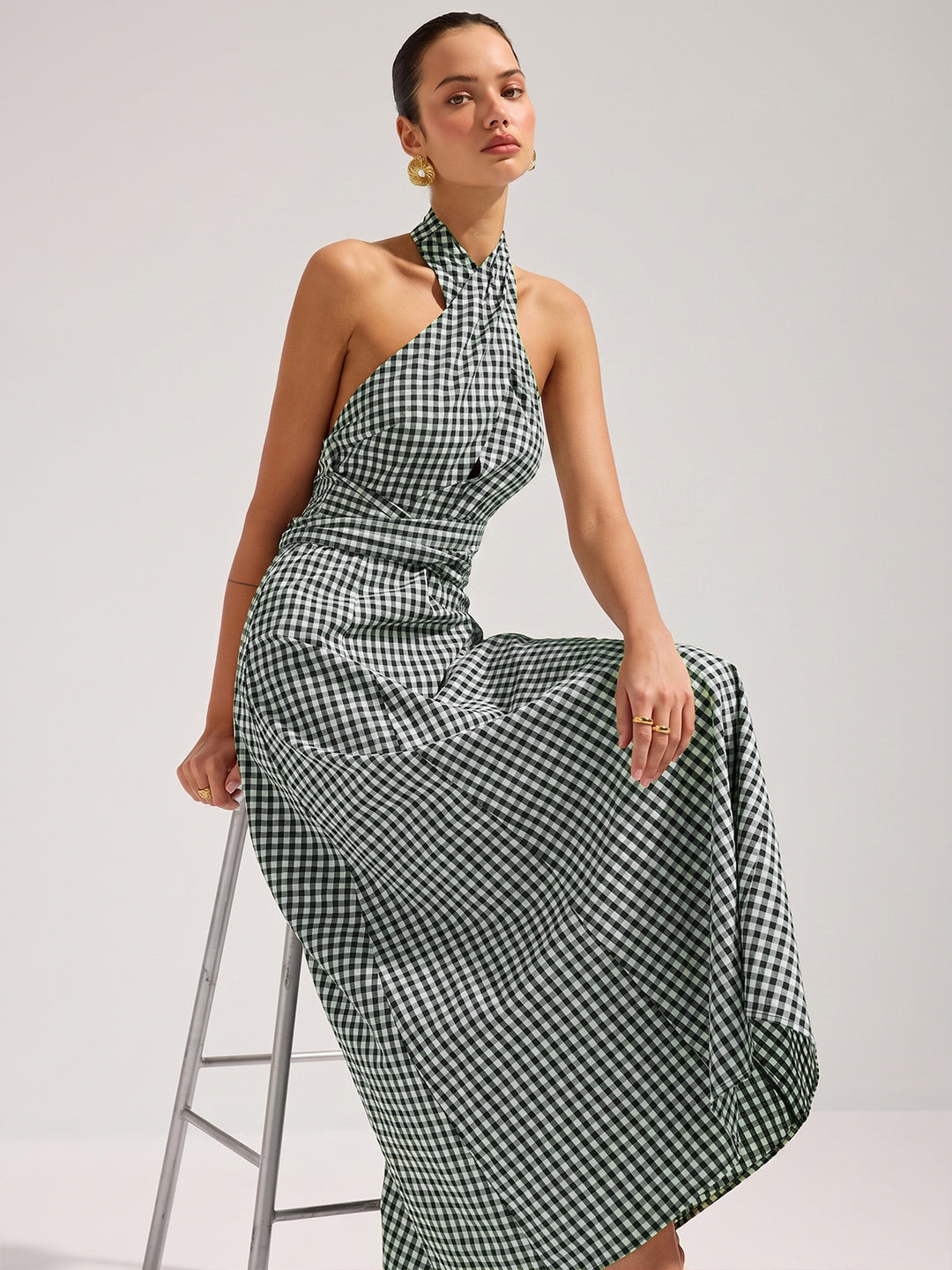 Gingham Halter Cotton Maxi Dress | COMMENSE