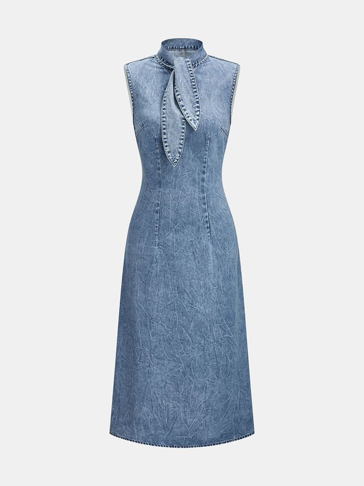 Denim tie-neck midi dress - LightBlue - L