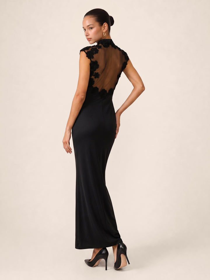 commense black dress Semi-sheer off-shoulder mesh long sleeve long - Red - L Low cut Casual Black Dresses | COMMENSE