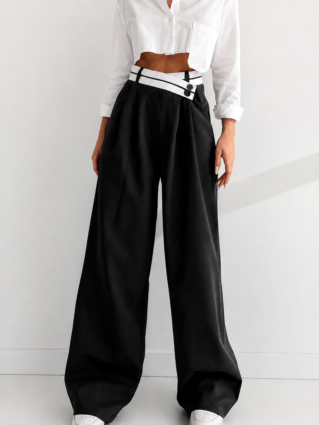 asymmetrical layer button wide leg dress pants Asymmetrical Layer Button Wide Leg Dress Pants-J.ING