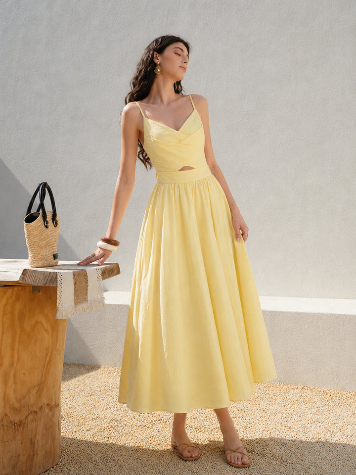 commense formal dresses Waist cutout tie back maxi slip dress - Yellow Falling For Fall