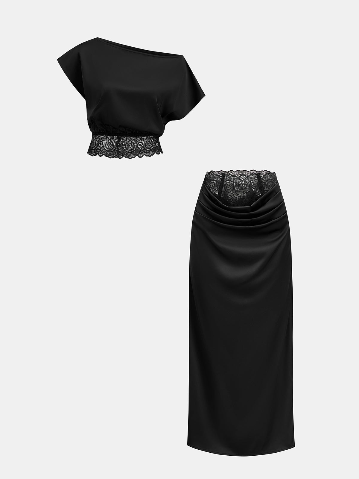 Lace Trim Satin Two Piece Skirt Set
